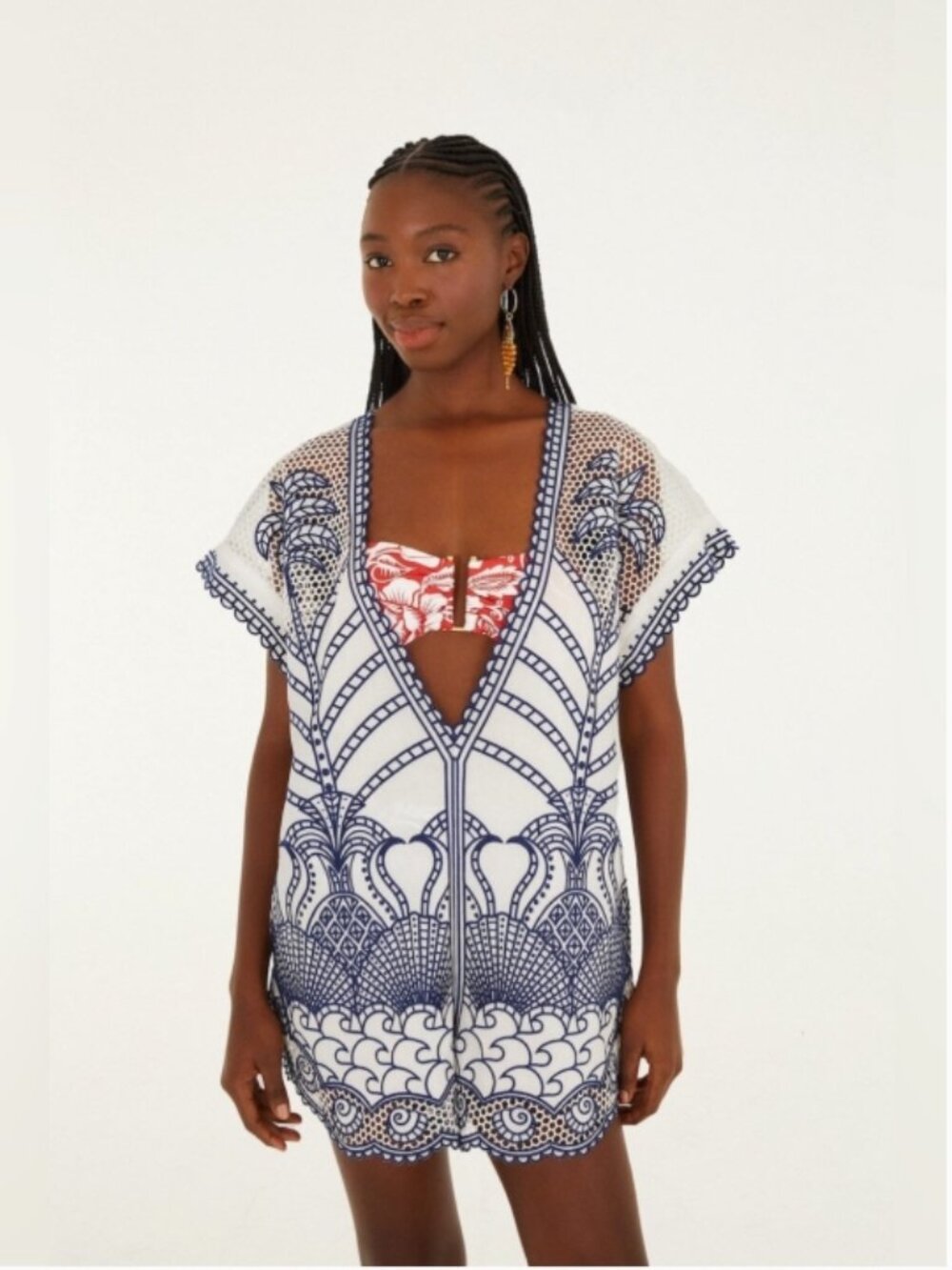 FARM RIO Blue Richelieu Plunging Neck Romper Beach Cover-Up Medium NWT